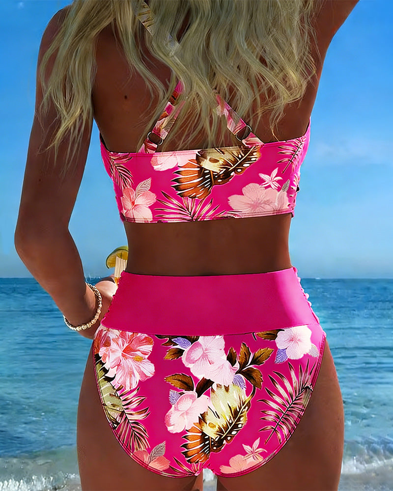Bini - Floral Contrast Bikini with Stylish Slit