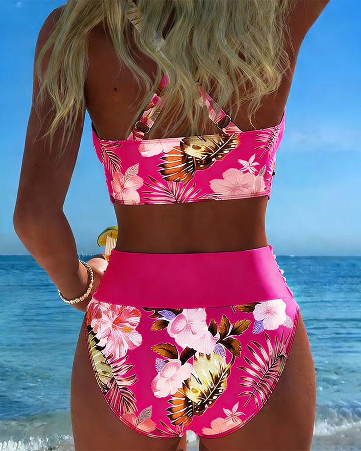 Bini - Floral Contrast Bikini with Stylish Slit
