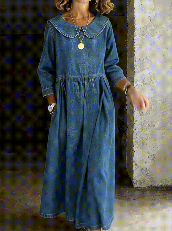 Elarienne - Vintage Collar Denim Maxi Dress