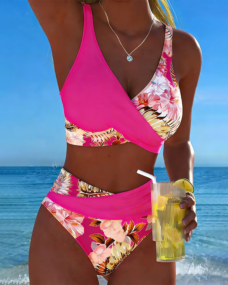 Bini - Floral Contrast Bikini with Stylish Slit