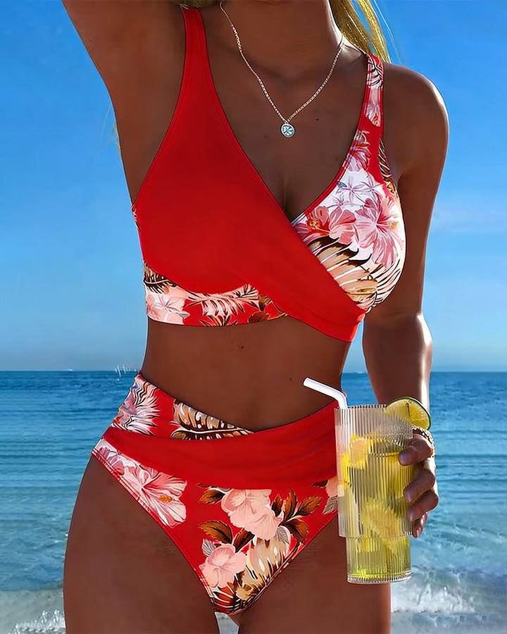 Bini - Floral Contrast Bikini with Stylish Slit