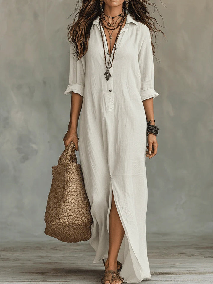 Soline™ | Fluid Black Maxi Dress with Buttons
