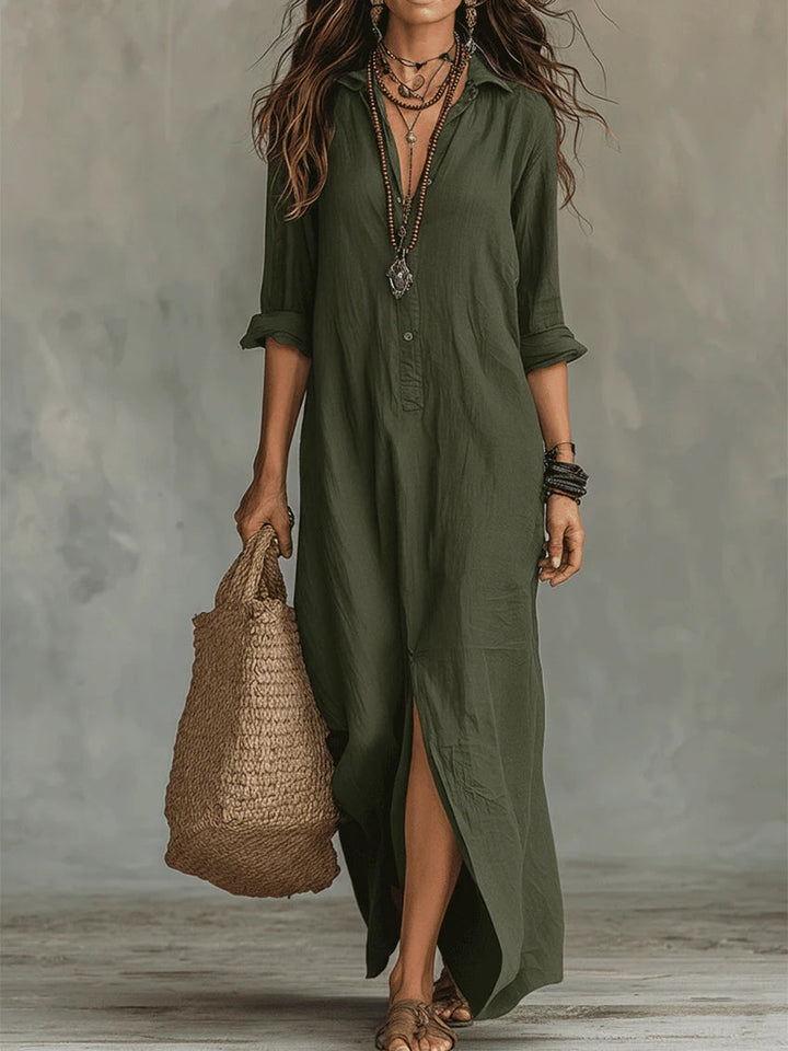 Soline™ | Fluid Black Maxi Dress with Buttons