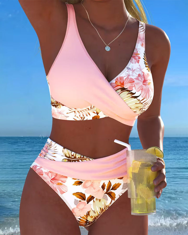 Bini - Floral Contrast Bikini with Stylish Slit