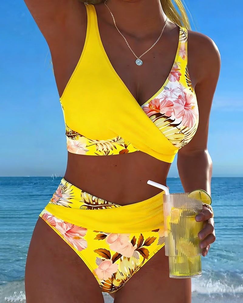 Bini - Floral Contrast Bikini with Stylish Slit