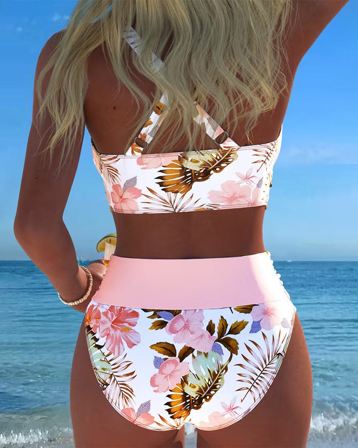 Bini - Floral Contrast Bikini with Stylish Slit