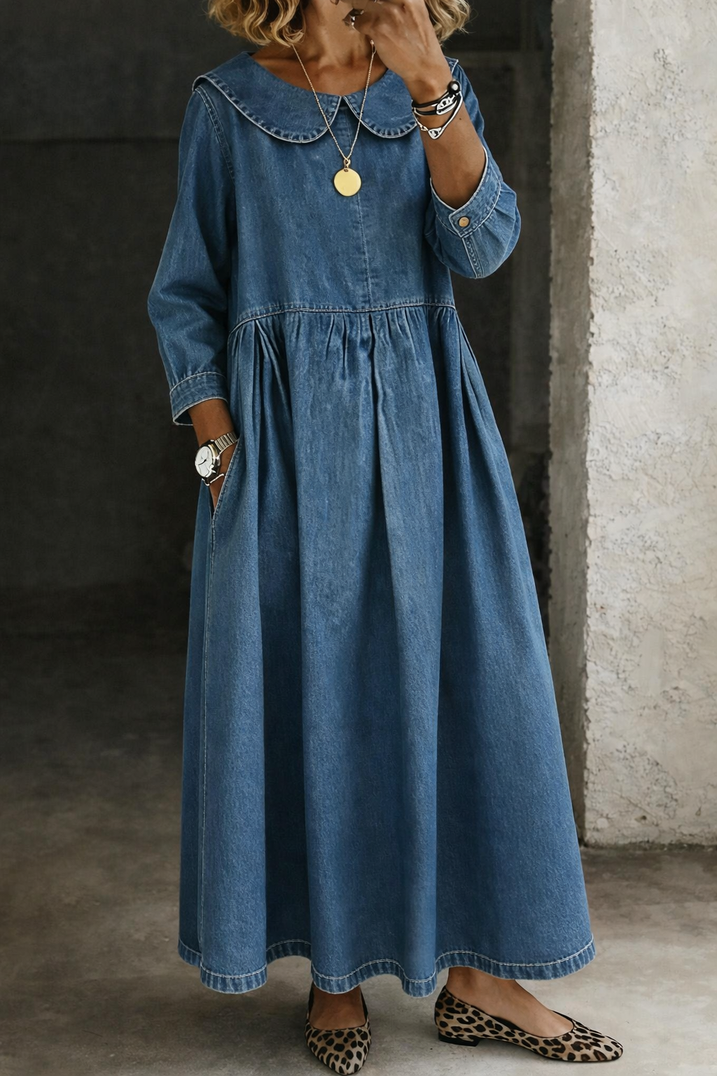 Elarienne - Vintage Collar Denim Maxi Dress