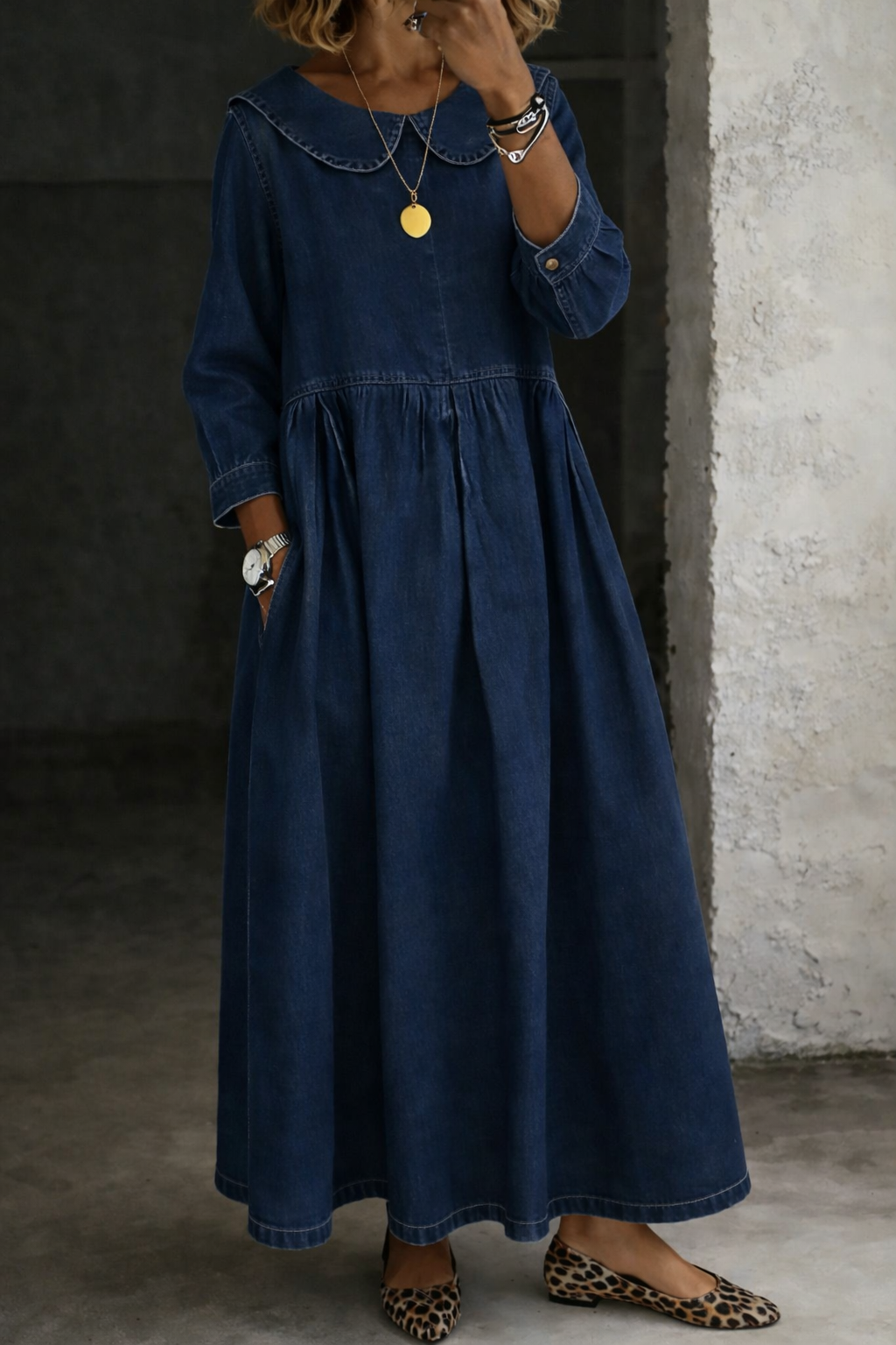 Elarienne - Vintage Collar Denim Maxi Dress