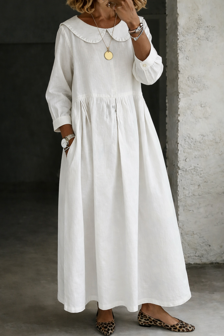 Elarienne - Vintage Collar Denim Maxi Dress