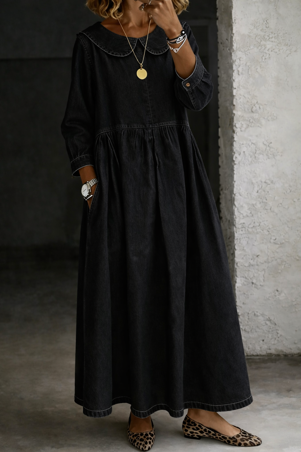 Elarienne - Vintage Collar Denim Maxi Dress