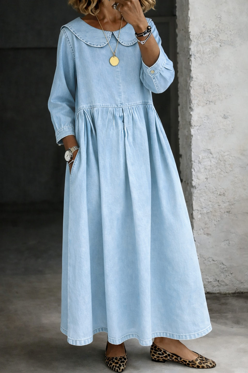 Elarienne - Vintage Collar Denim Maxi Dress