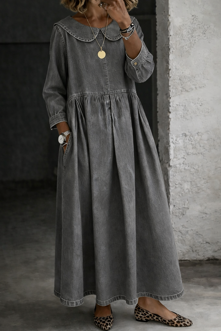 Elarienne - Vintage Collar Denim Maxi Dress