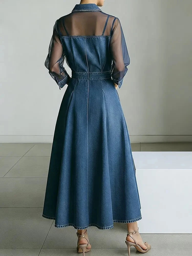 Aurelline - Elegant Sheer Sleeve Denim Dress