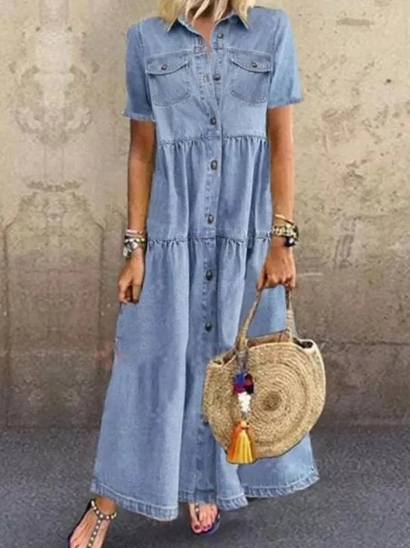Loravelle - Tiered Denim Maxi Dress