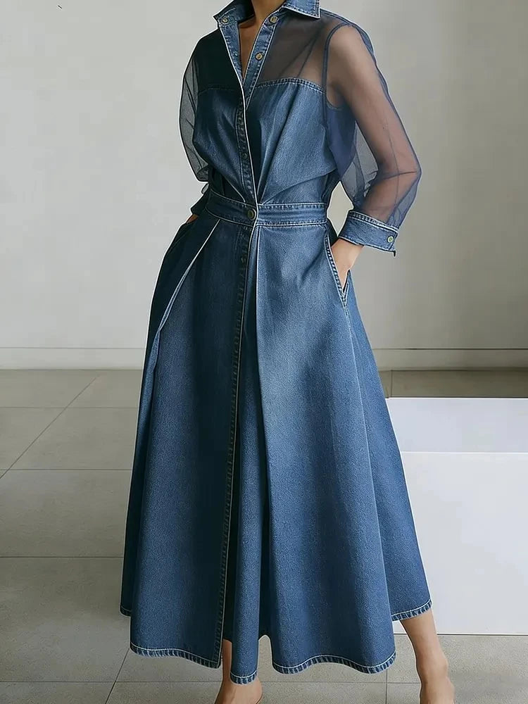 Aurelline - Elegant Sheer Sleeve Denim Dress