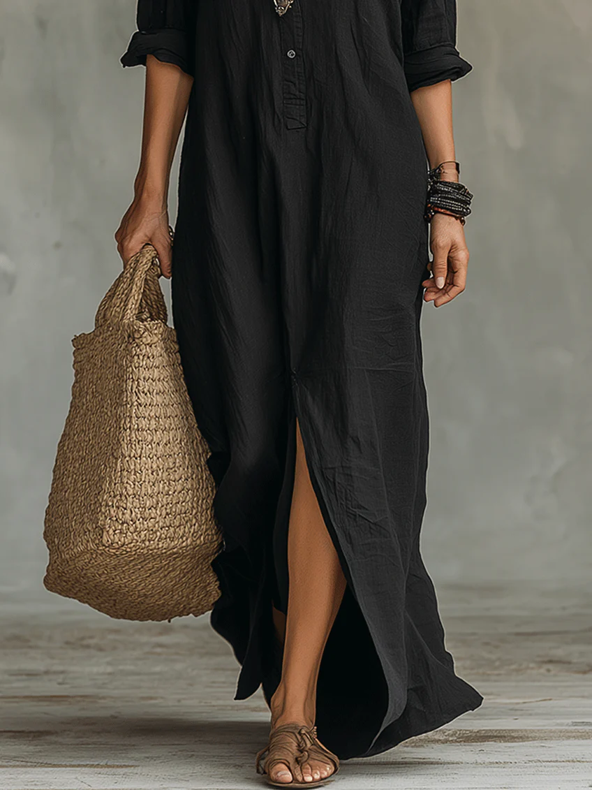 Soline™ | Fluid Black Maxi Dress with Buttons