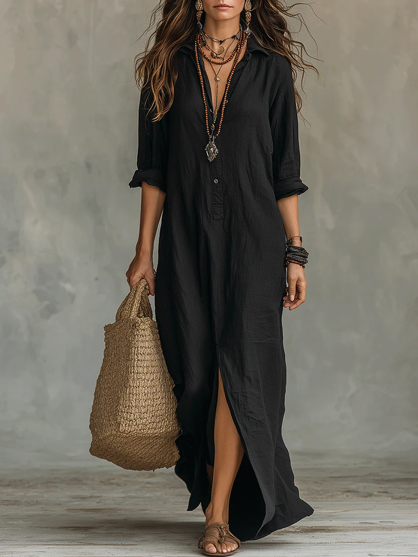Soline™ | Fluid Black Maxi Dress with Buttons