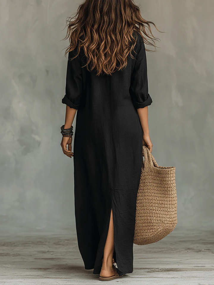 Soline™ | Fluid Black Maxi Dress with Buttons