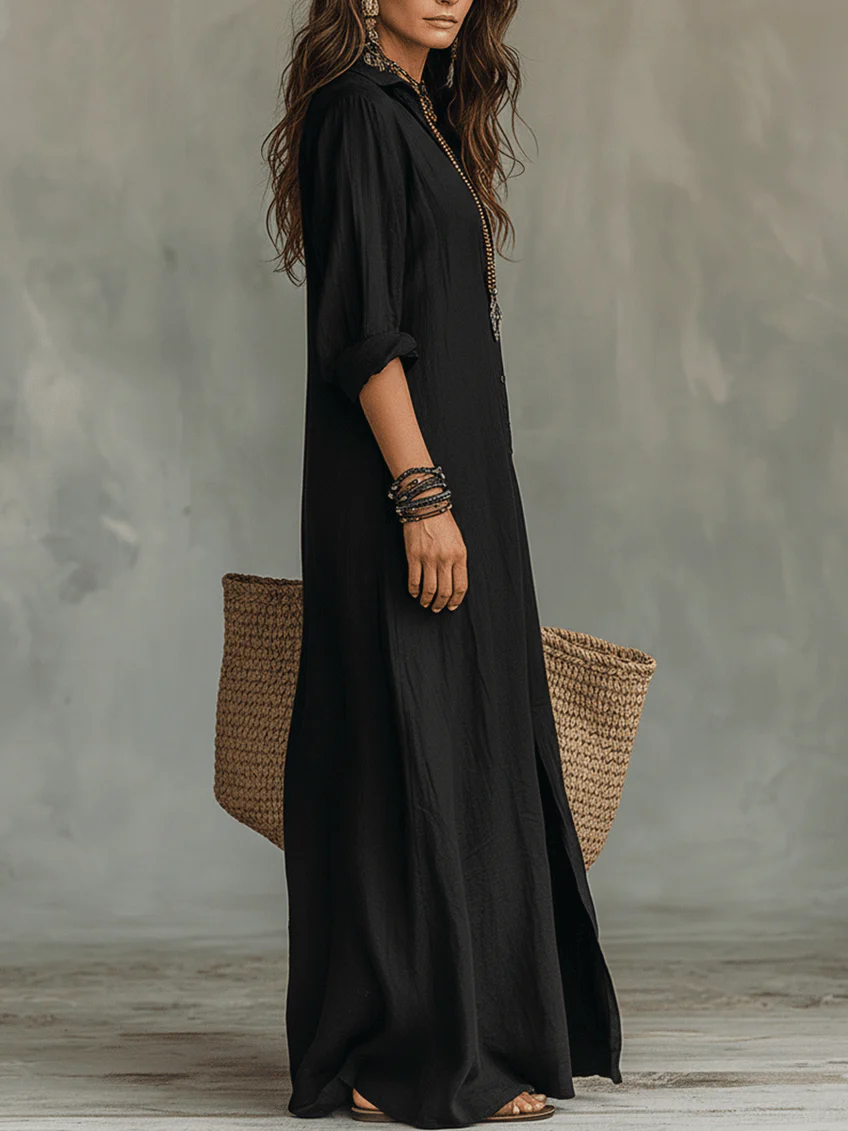 Soline™ | Fluid Black Maxi Dress with Buttons