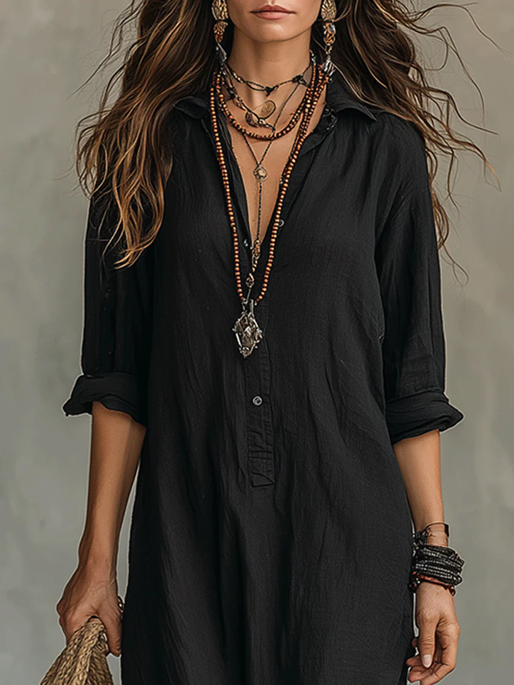 Soline™ | Fluid Black Maxi Dress with Buttons